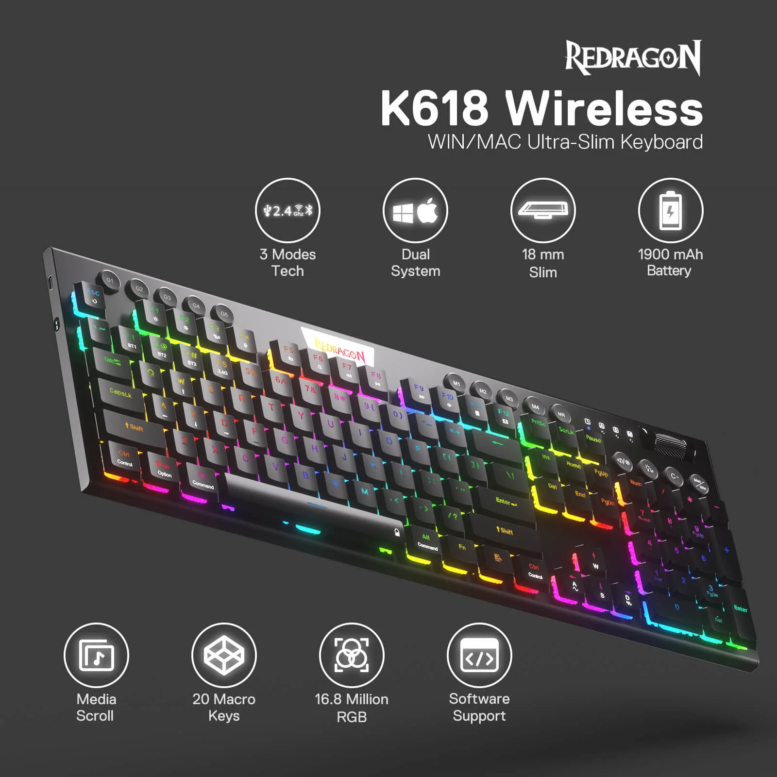 HORUS K618 Ultra-slim Wireless Mechanical Keyboard - Image 3