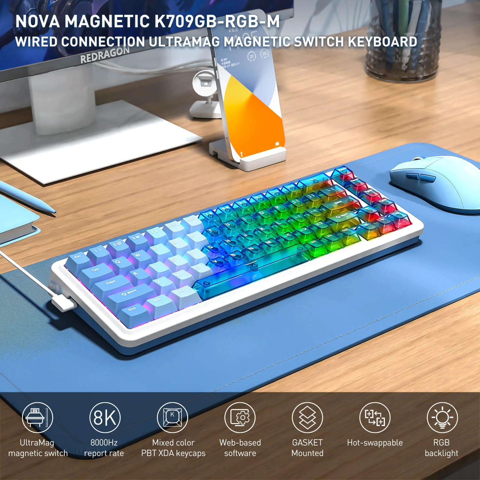 NOVA K709 HE Rapid Trigger Gaming Keyboard (Transparent Blue Keycaps) - Image 3